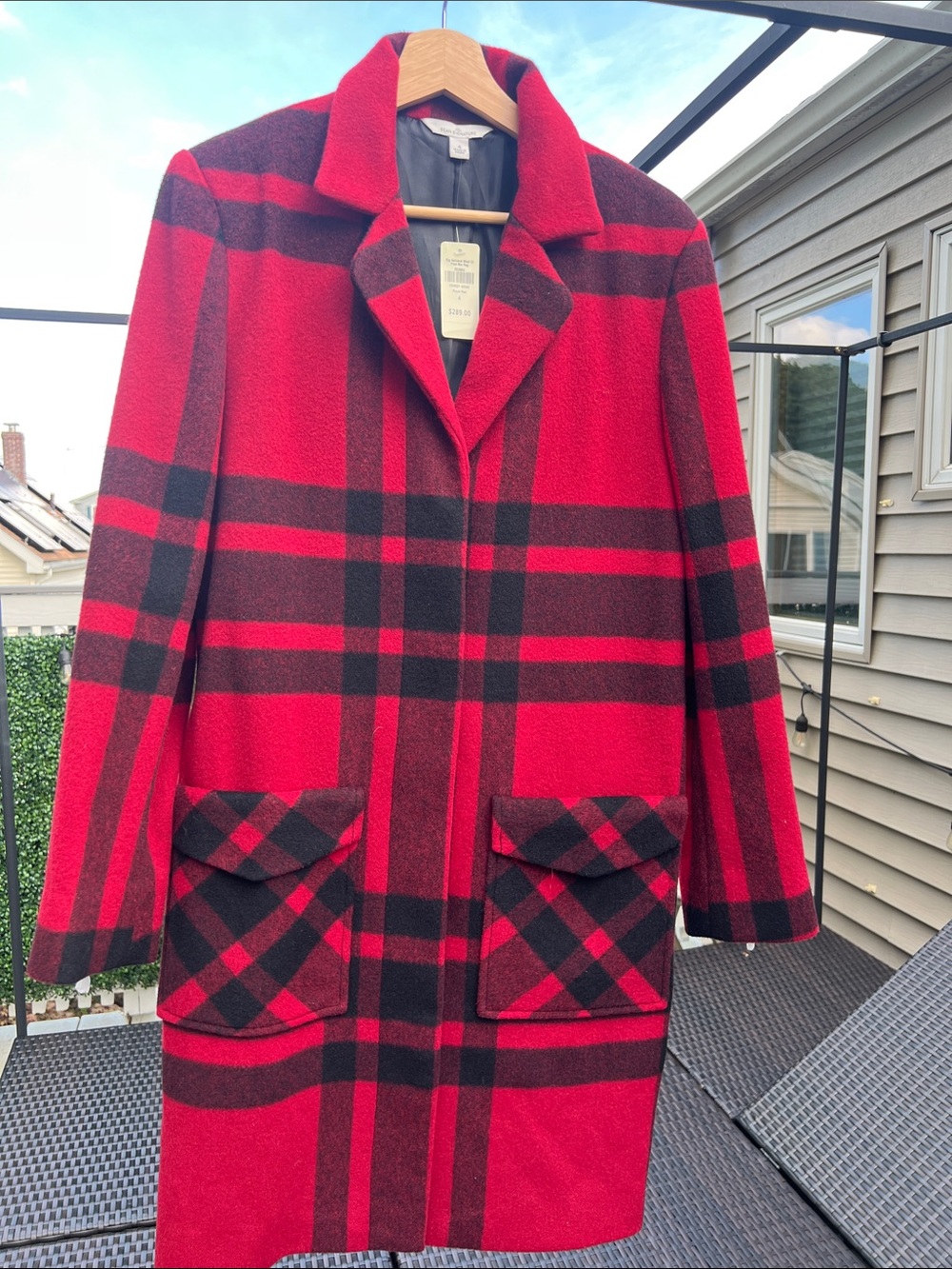 L.L. Bean Red and Black Plaid Wool Pea Coat